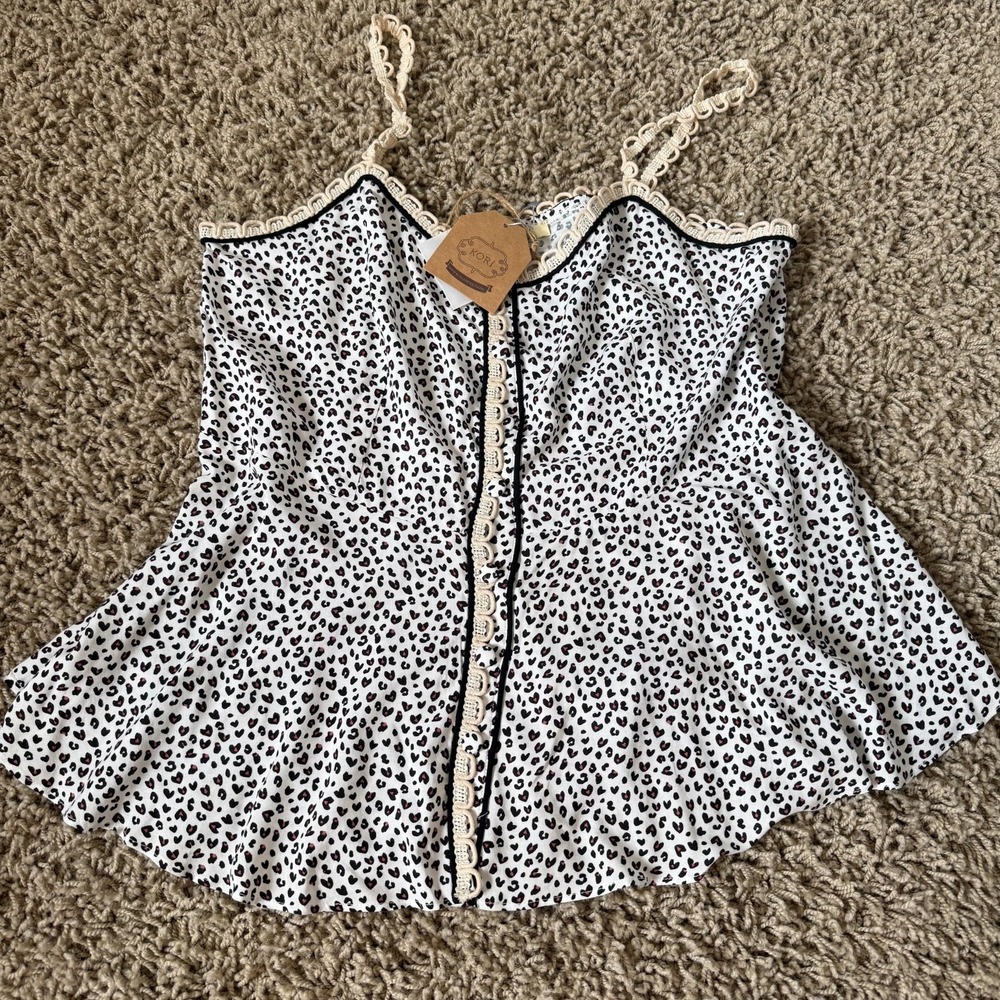 Kori America Tank Top Womens Large Leopard Print Ruffle Trim NWT Summer Boho Y2K